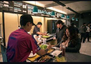 Cocinero de Bardo armando un sánguche en el mostrador de la sanguchería, con la carta en el cartel de fondo.